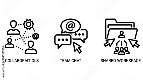 Professional team collaboration and shared workspace icons set including team chat communication and file management with collaboration teamwork business workspace communication management