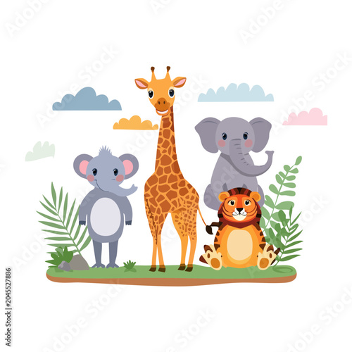 Cute cartoon jungle animals group illustration