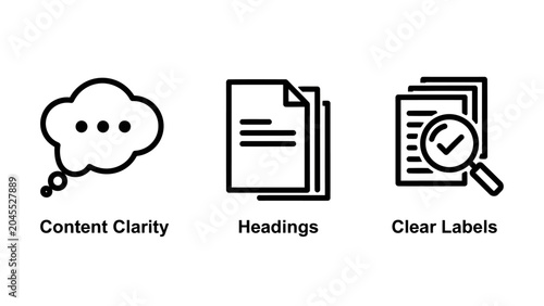 Set of UI icons for content clarity headings and labels with headings document magnifying interface information organization minimalist communication analysis verified navigation business