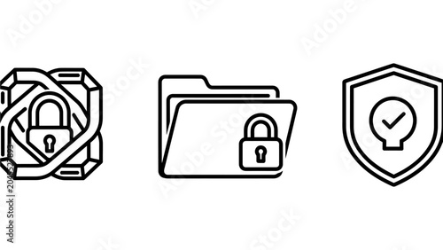 Security icons featuring padlock data folder and protection shield security protection verified encrypted business information management authentication technology guarantee minimalist