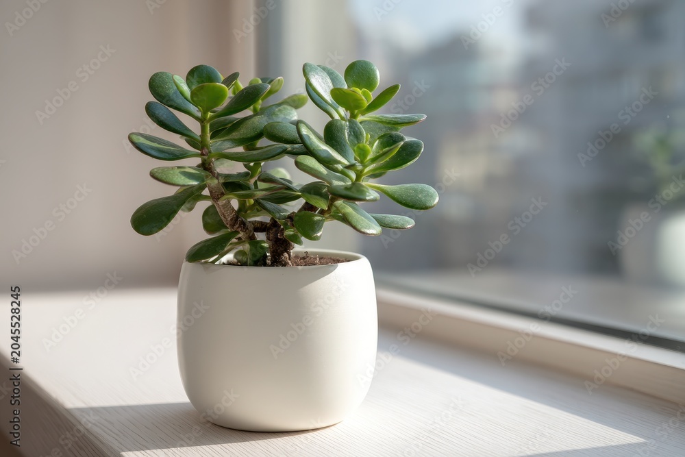 Fototapeta premium Close-Up of Jade Plant in White Pot Under Soft Natural Light