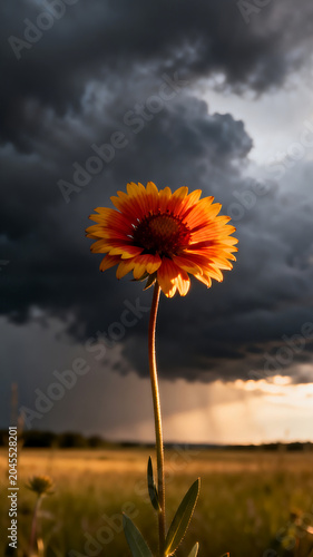 Single Blanket Flower Gaillardia in Open Field Against Dramatic Storm Clouds at Sunset, Vibrant Wildflower in Thunderstorm, Concept of Resilience, Hope and Strength, 4k