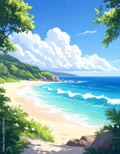 Tropical beach paradise with lush foliage, turquoise water, and fluffy white clouds under a bright blue sky