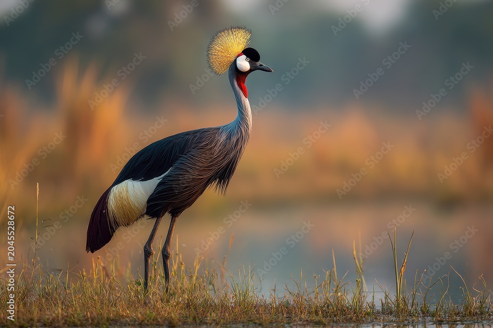 Obraz premium Elegant Black Crowned Crane with gold crown and white cheeks in a calm marsh