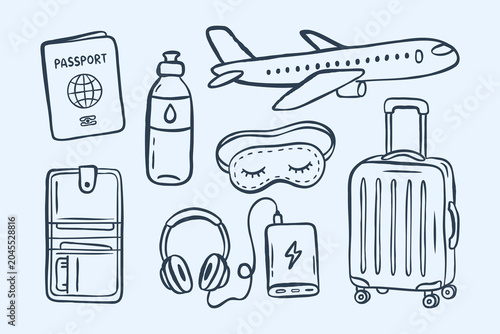 Bilde på lerret Hand drawn travel doodle outline mini set with passport, airplane, suitcase, headphones, wallet and travel accessories