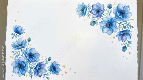 Watercolor blue anemone flower border with gold leaf accents on paper