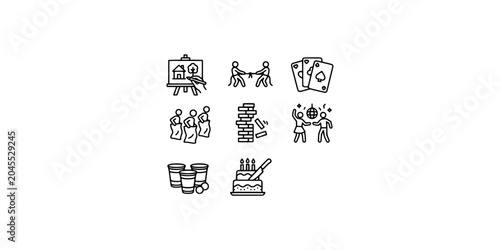 Foto Icon set collection of party games, group activities, birthday celebration entertainment, fun challenges, and recreational hobbies for social events