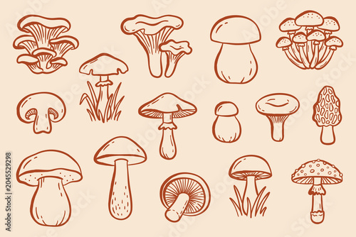 Bilde på lerret Hand drawn mushroom doodle vector set in minimal line art style