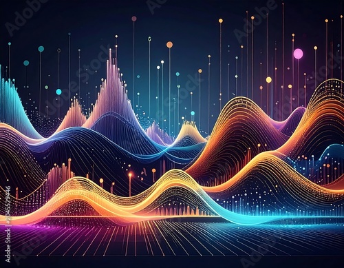 A vibrant abstract data visualization depicts undulating waves with rising peaks and descending valleys composed of interconnected lines and dots
