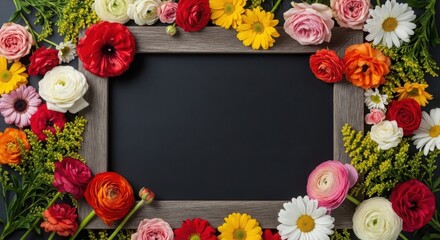 Rustic wooden frame surrounded by colorful spring flowers on dark surface
