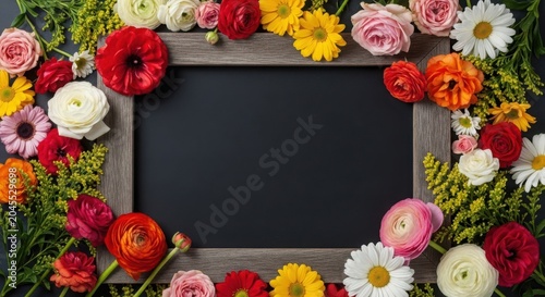 Rustic wooden frame surrounded by colorful spring flowers on dark surface