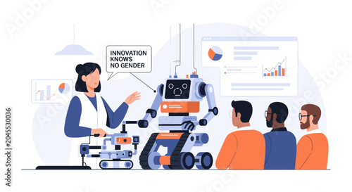 A woman explains innovation concepts promoting women equality to people with a robot and data screens in a modern indoor setting.