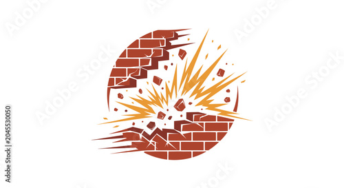 Fotografie Exploding Brick Wall Symbolizing Destruction and Change.