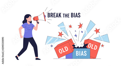 A woman shatters old bias boxes with a megaphone promoting women equality and freedom outdoors in a cityscape with people.