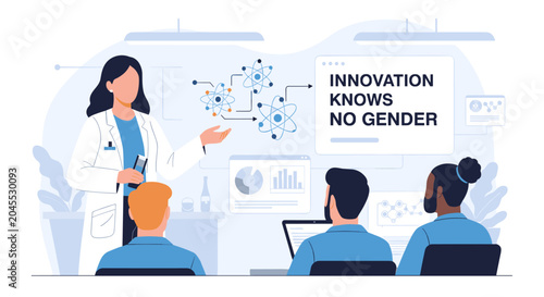 A woman presents innovation ideas promoting women equality to colleagues in a meeting room with laptops and graphs.