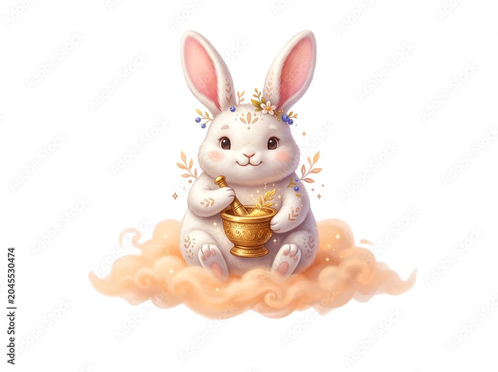 Obraz premium Cute folklore white rabbit compounding medicine on a soft cloud