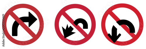 Foto Three minimalist vector graphic road sign symbols illustrating restricted turn m