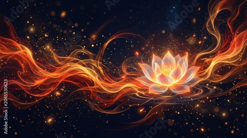 Glowing ethereal lotus flower emerging from swirling fire and light