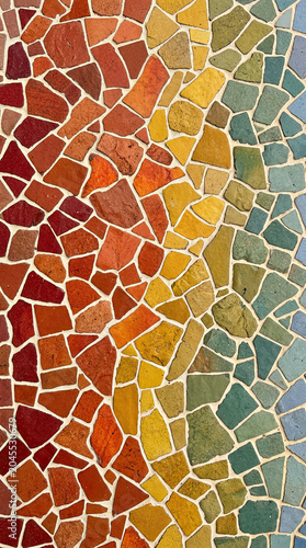 Colorful mosaic tile pattern with gradient from red to blue, artistic abstract texture, handmade tile design, decorative background, modern wall or floor concept.