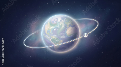 Planet Earth with glowing orbital peace sign ring in starry cosmos space background, concept of global harmony and world peace. AI generated.

