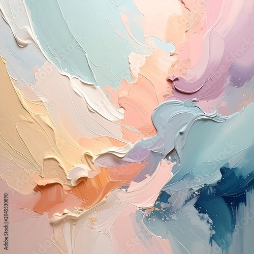 A vibrant abstract painting showcases smooth, layered brushstrokes of soft pastel hues flowing across the canvas. Colors include blues, pinks, and peaches