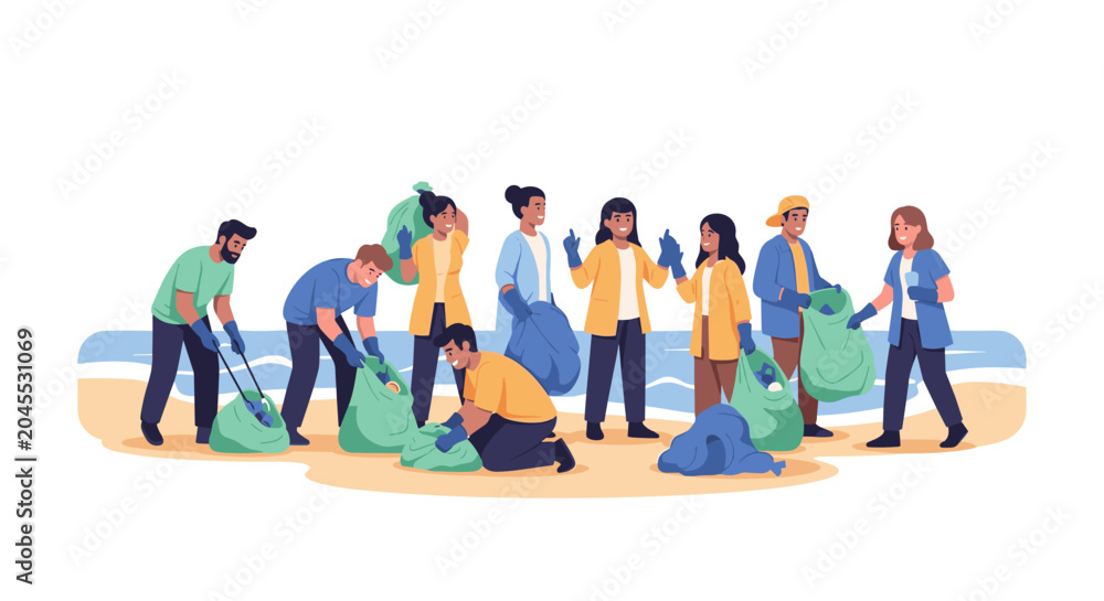 Obraz premium People participate in a marine day cleanup on a sunny beach with waves, collecting trash in green bags on a warm day.