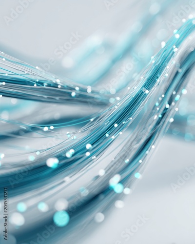 Fiber optic strands glowing with teal light in a shallow depth of field macro shot for telecommunications and data networking marketing