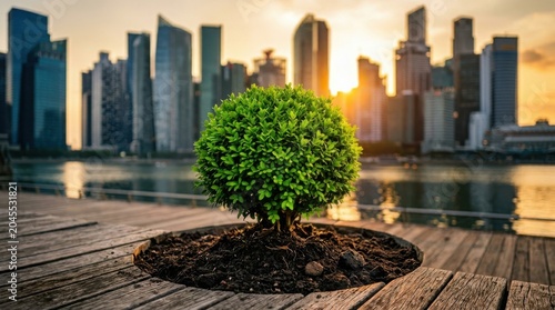 Green bonsai tree on wooden pier with modern city skyline at sunset