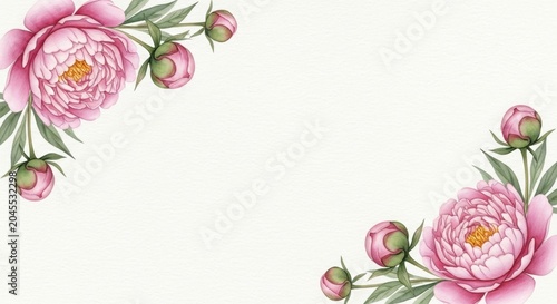Watercolor floral border with pink peonies and green foliage elements