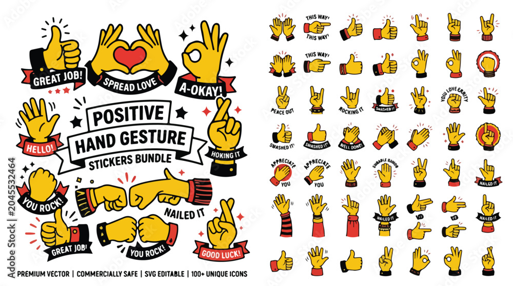 Obraz premium Positive hand gesture stickers bundle, set of 100+ unique icons in yellow and red, retro comic style finger signs and palm symbols vector