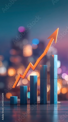 Rising financial bar graph displaying upward growth in front of a blurred night city bokeh background for business and stock market marketing