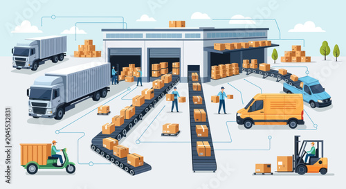 Bilde på lerret Automated logistics and delivery system with conveyor belts and vehicles