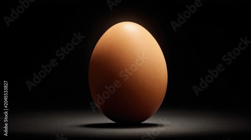 Single brown egg with dramatic lighting on a dark background representing concepts of origin food and simplicity
