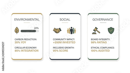 Three cards illustrating key ESG metrics for environmental, social, and governance performance, detailing carbon reduction, community investment, and ethical compliance.