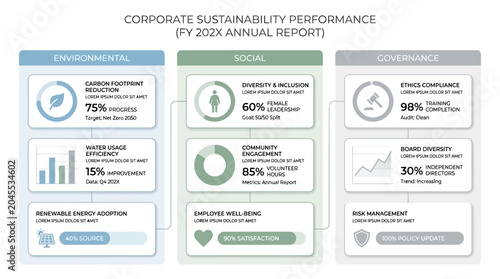 Corporate sustainability performance annual report infographic displaying environmental, social, and governance metrics with progress indicators.