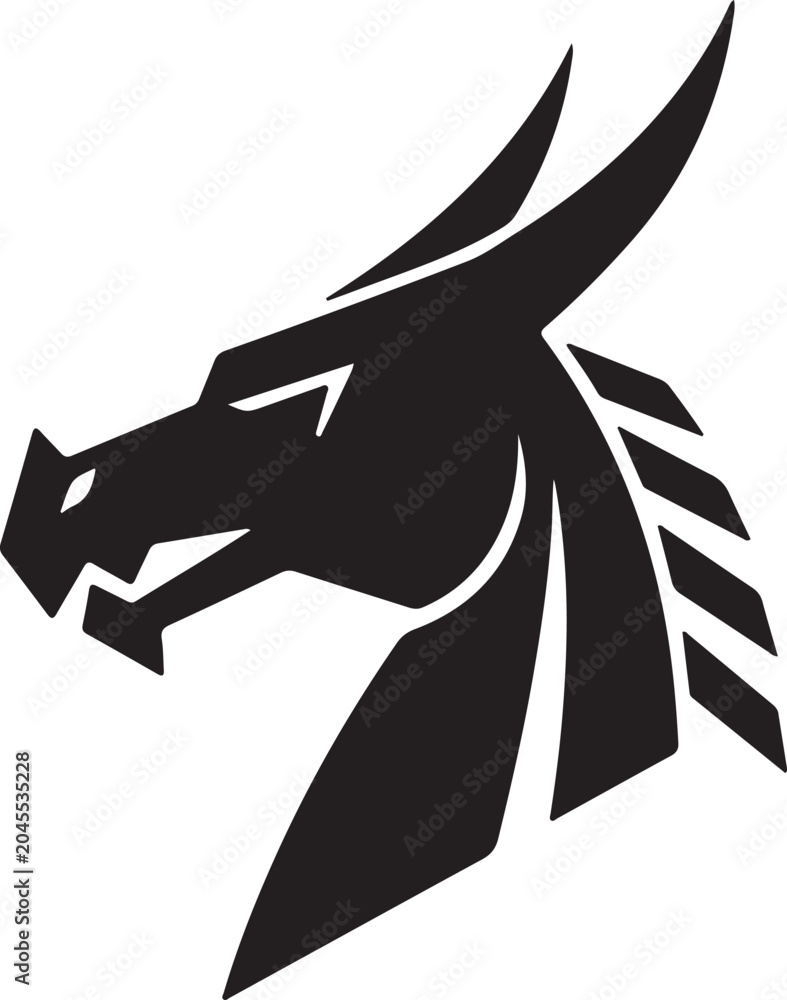 Fototapeta premium Bold black dragon head silhouette design featuring sharp horns and aggressive features for iconic brand logos
