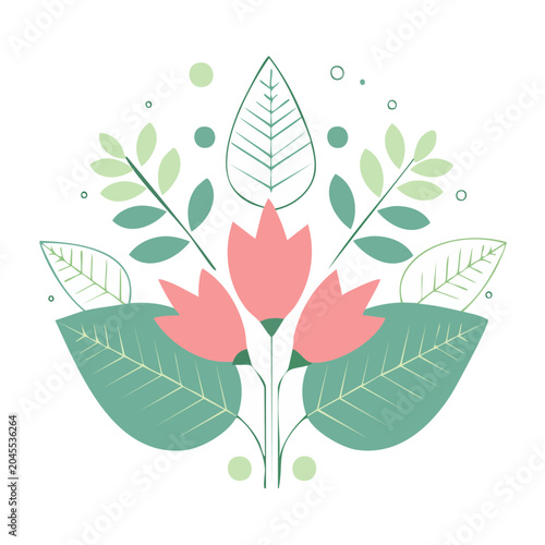 Flat design floral arrangement with pink flowers and green leaves
