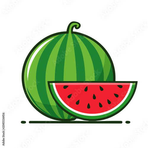 Stylized illustration of a whole watermelon and a slice