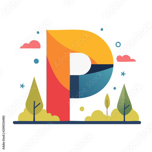 Stylized Letter P with Nature Elements in Flat Design