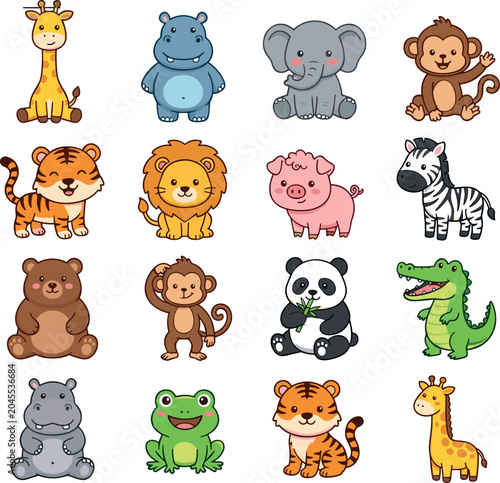 Photography Cute Cartoon Safari and Wild Animals Vector Clipart Set with Tiger Lion Elephant