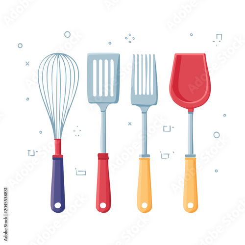 Set of colorful kitchen utensils on white background