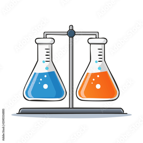 Two laboratory flasks with colored liquids on a stand