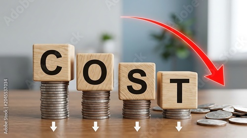 Red arrow decreasing cost on wooden blocks with stacked coins on wooden table background