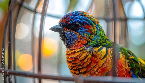 Colorful bird in a cage profile.