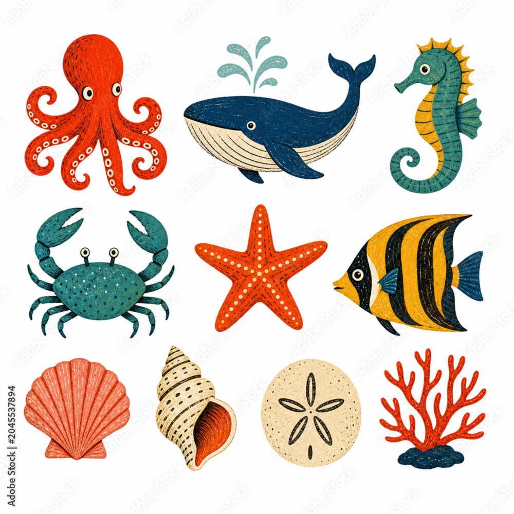 Fototapeta premium Sea Ocean Animals Sticker Pack - Flat Vector Illustration