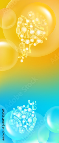 Probiotic and Hyaluronic acid skin solutions ad, yellow and blue collagen, and vitamin serum drops, cosmetic advertising background ready to use, illustration vector.