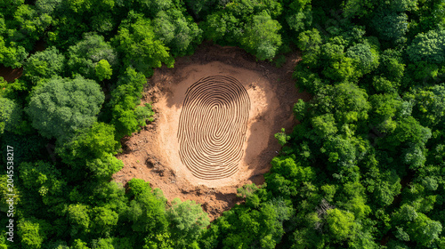 Deforestation forest aerial view fingerprint land tree clearing nature soil environment pattern cut into bare ground within dense green woodland conservation concept