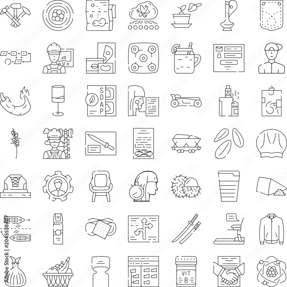 Naklejka premium Set of outline vector icons depicting a wide range of miscellaneous items, symbolizing concepts related to business, culture, food, and industry in a linear design style