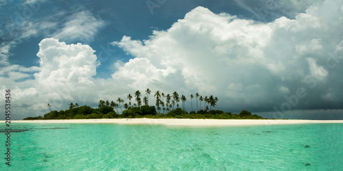 A scenic view of a tropical island with palm trees, a white sandy beach, and clear turquoise water under a bright cloudy sky in Maldives. Copy space available.