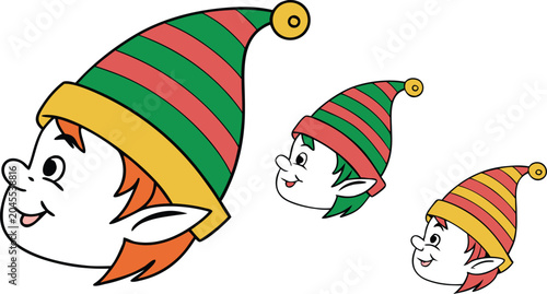 Schilderij op canvas Cute Christmas elf head vector illustration set featuring smiling holiday cartoon character faces with striped pointy hats isolated on white background
